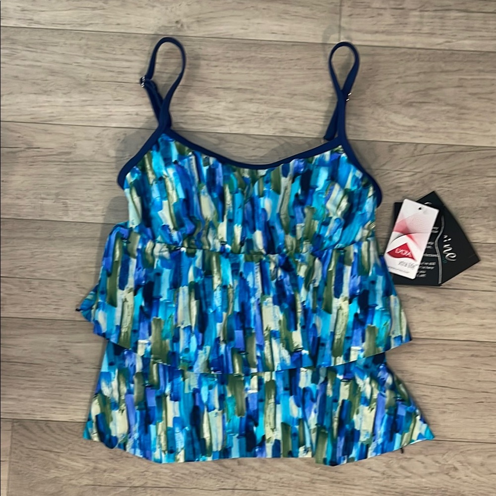 🇺🇸 Maxine of Hollywood NWT Blue Green Patterned Tankini tiered swim Top sz 8